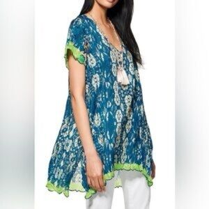 Johnny Was Puente Silk Tunic Blouse green blue patterned size S